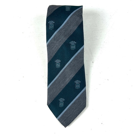 Gucci Tie Green And Gray Striped 100% Silk Men’s Crown Crest Logo - Picture 1 of 5